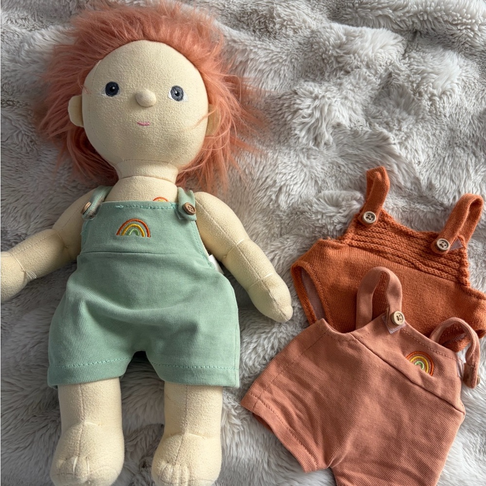 Plush Doll with Mint Overalls and Rust/Peach Rompers